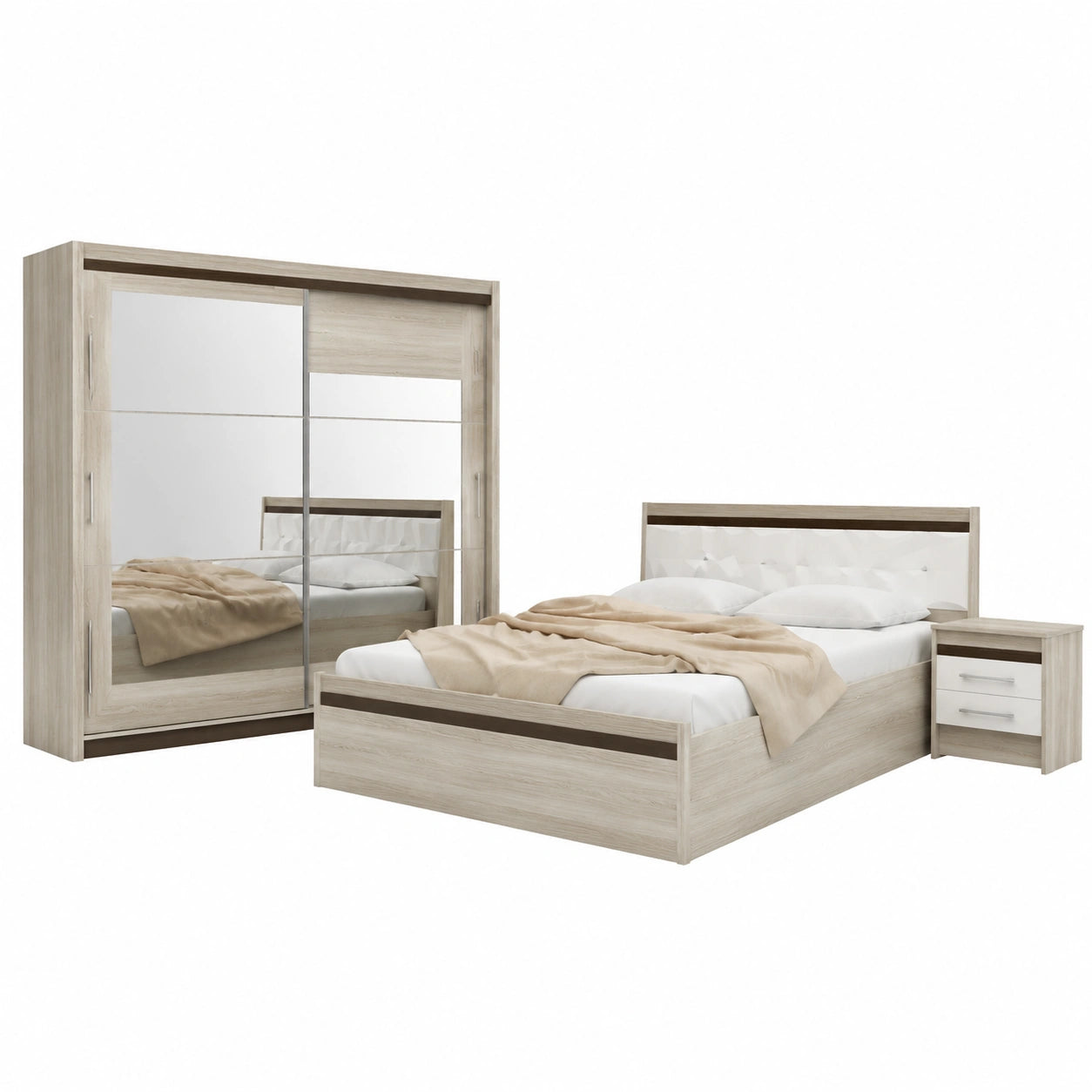 Set Camera da Letto Moderna: Letto Bianco con Testiera Imbottita, Armadio Scorrevole e Comodini in Rovere