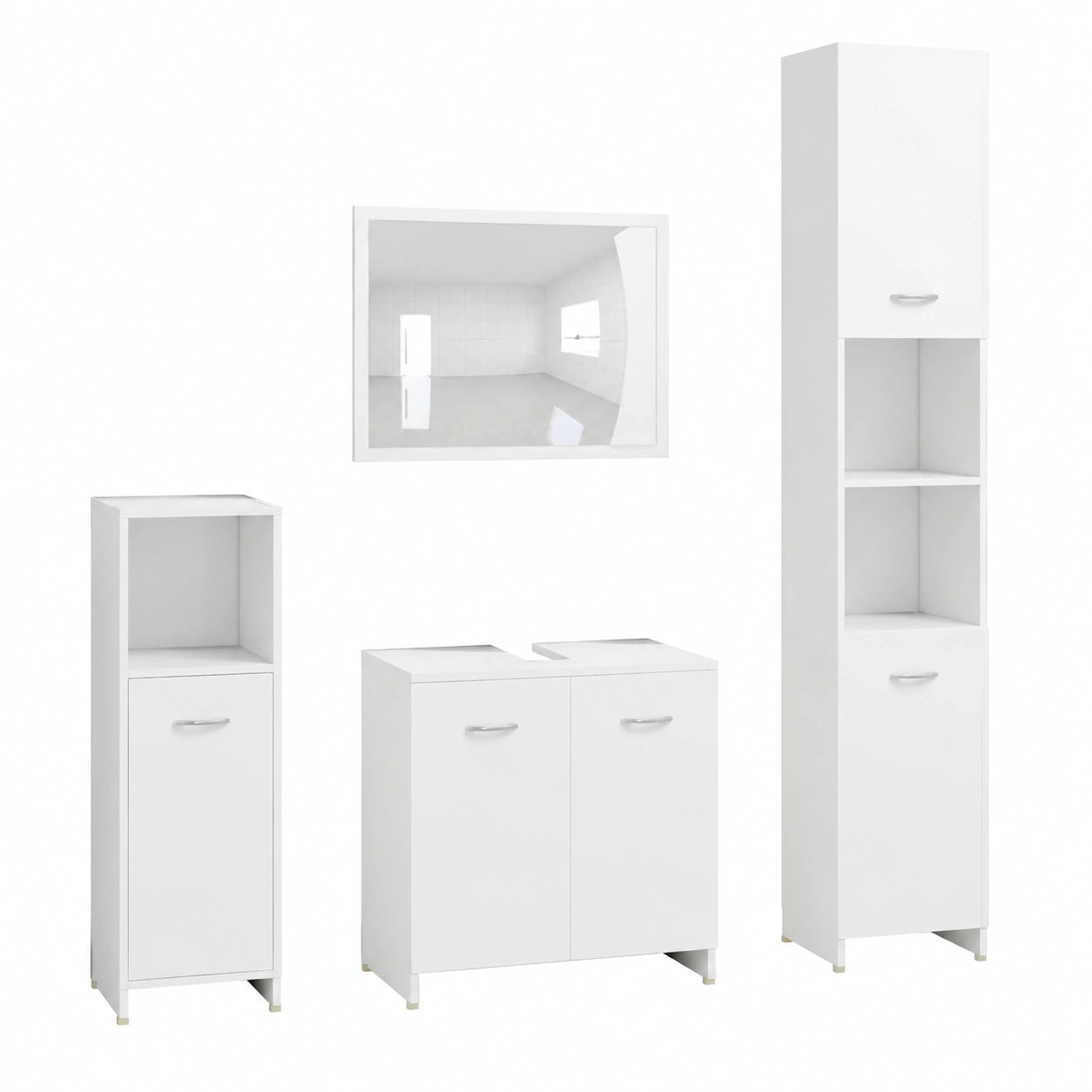 Set bagno moderno in legno bianco con specchio, armadio alto e mobile lavabo compatto