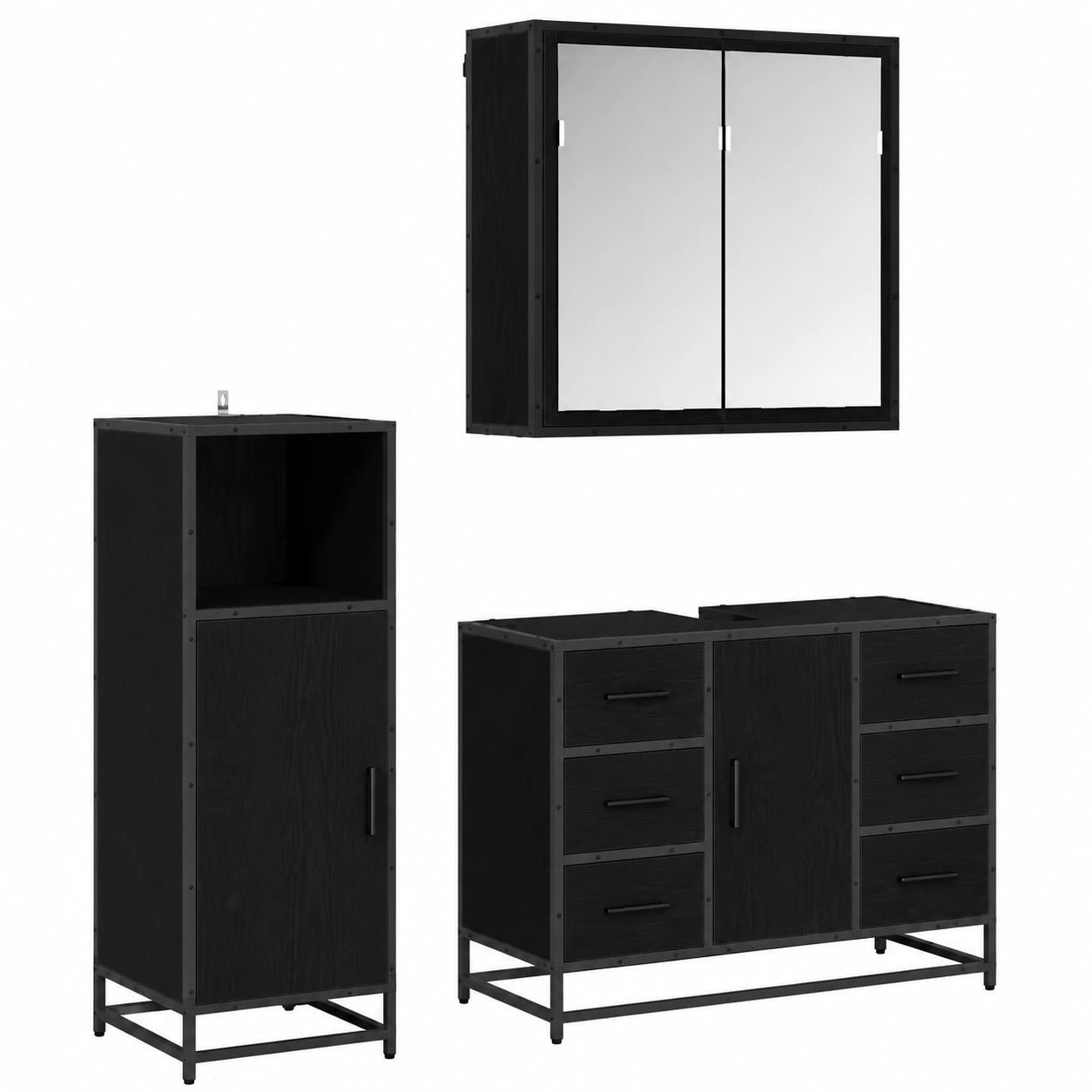 Set bagno moderno in rovere nero con specchio, mobiletto 80x33x60 cm