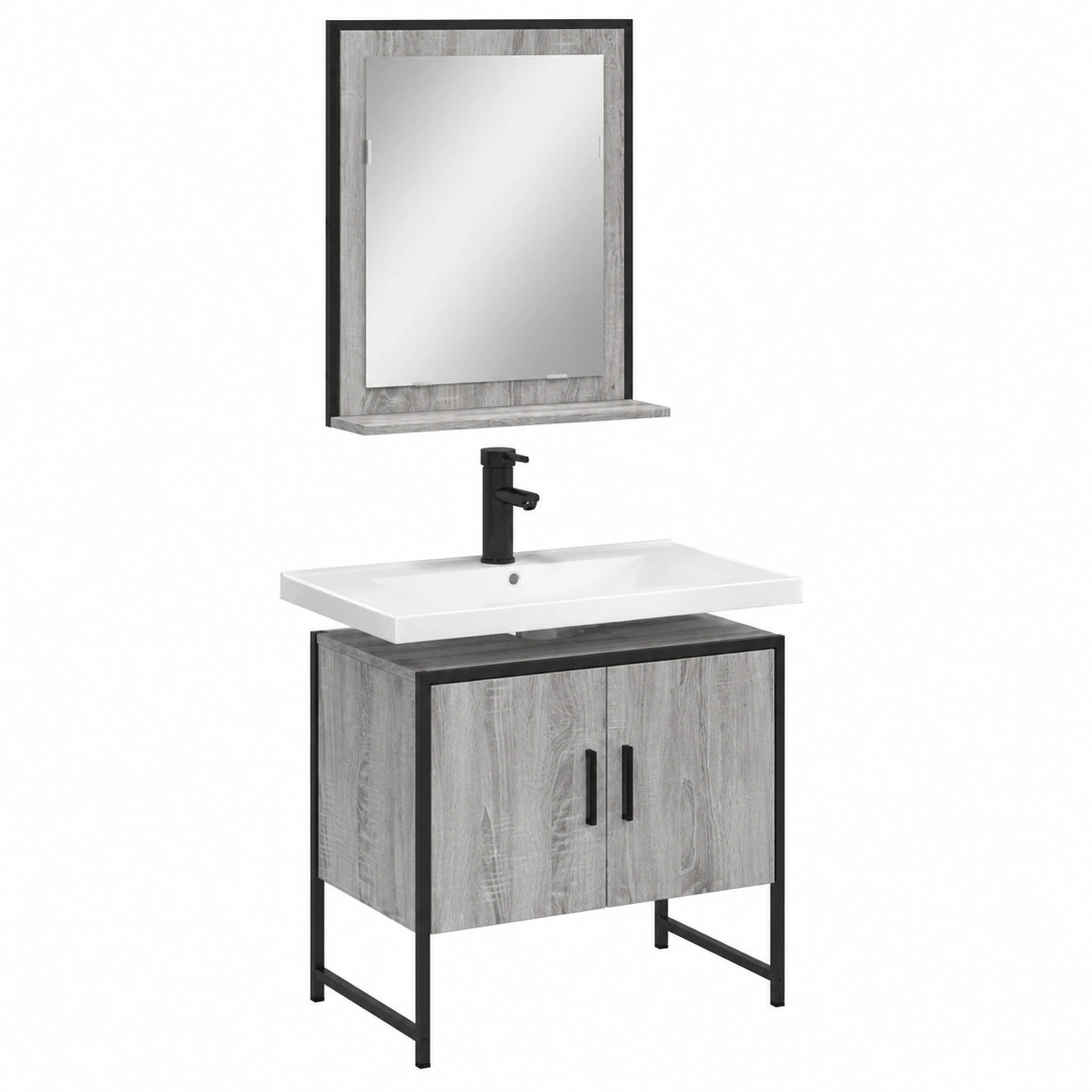 Set Mobili Bagno Sonoma, 2 Pezzi, Grigio con Specchio e Ripiano in Legno e Acciaio