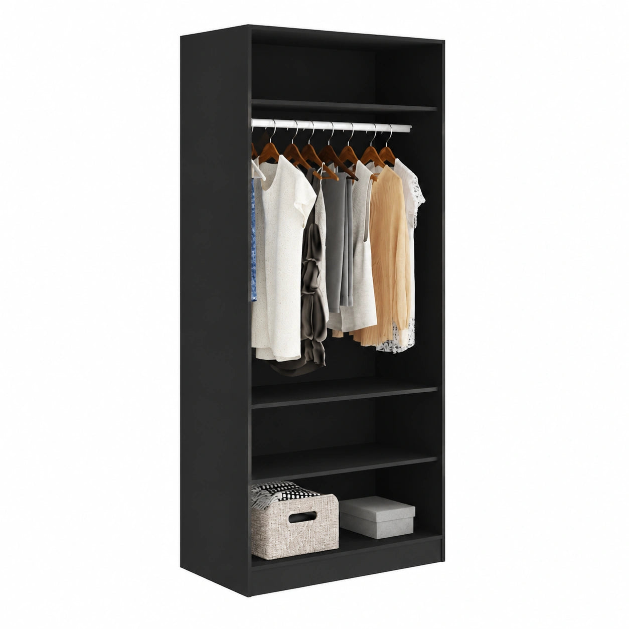 Guardaroba nero in legno con 4 ripiani e appendiabiti, 100x50x200 cm, ideale per casa e campeggio