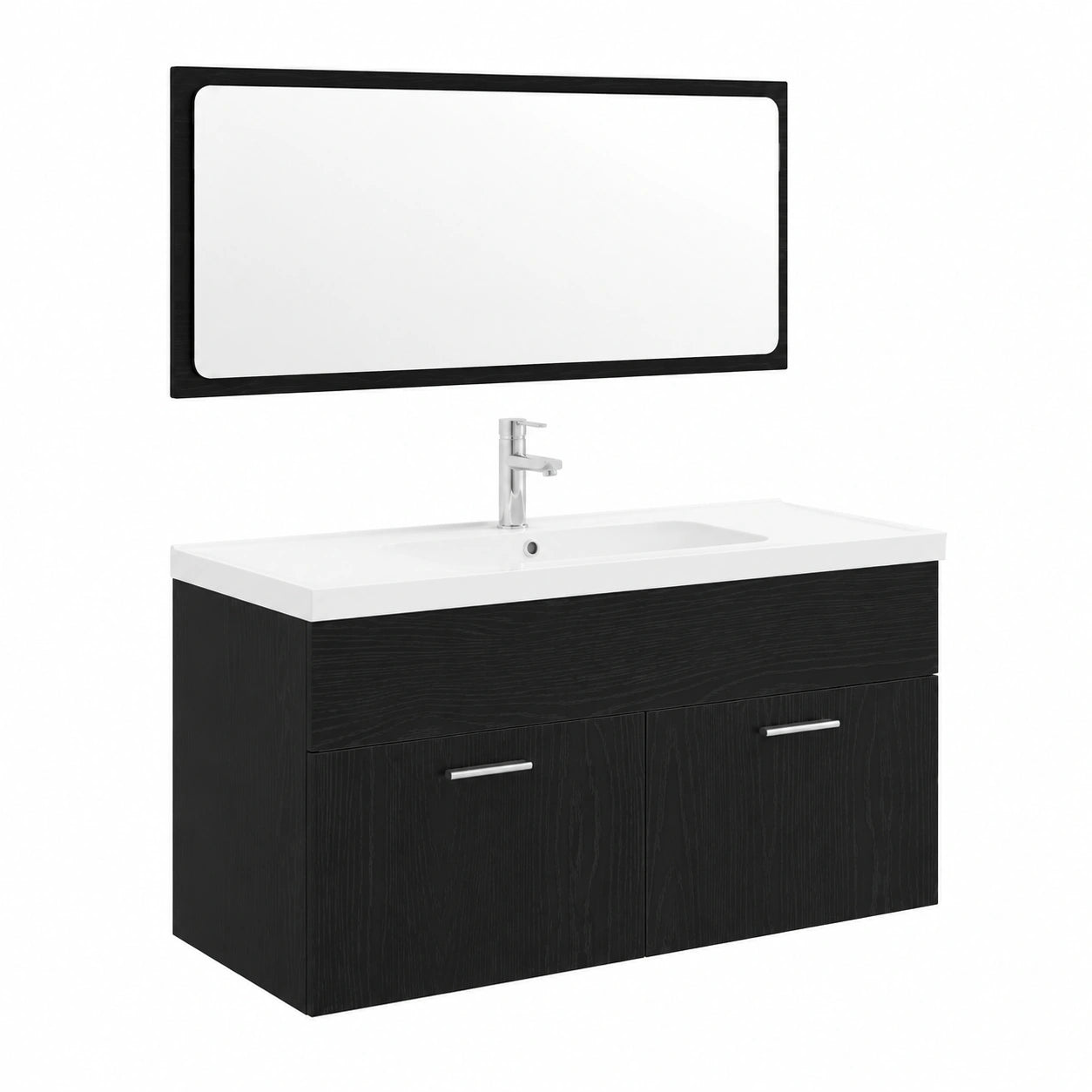 Set bagno moderno 3 pezzi nero effetto rovere con specchio e armadietti, montaggio a parete