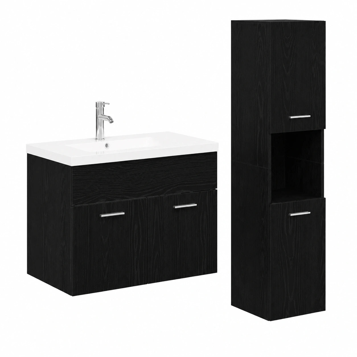 Set bagno rovere nero con specchio e ripiani, 4 pezzi, 90x38,5x46 cm