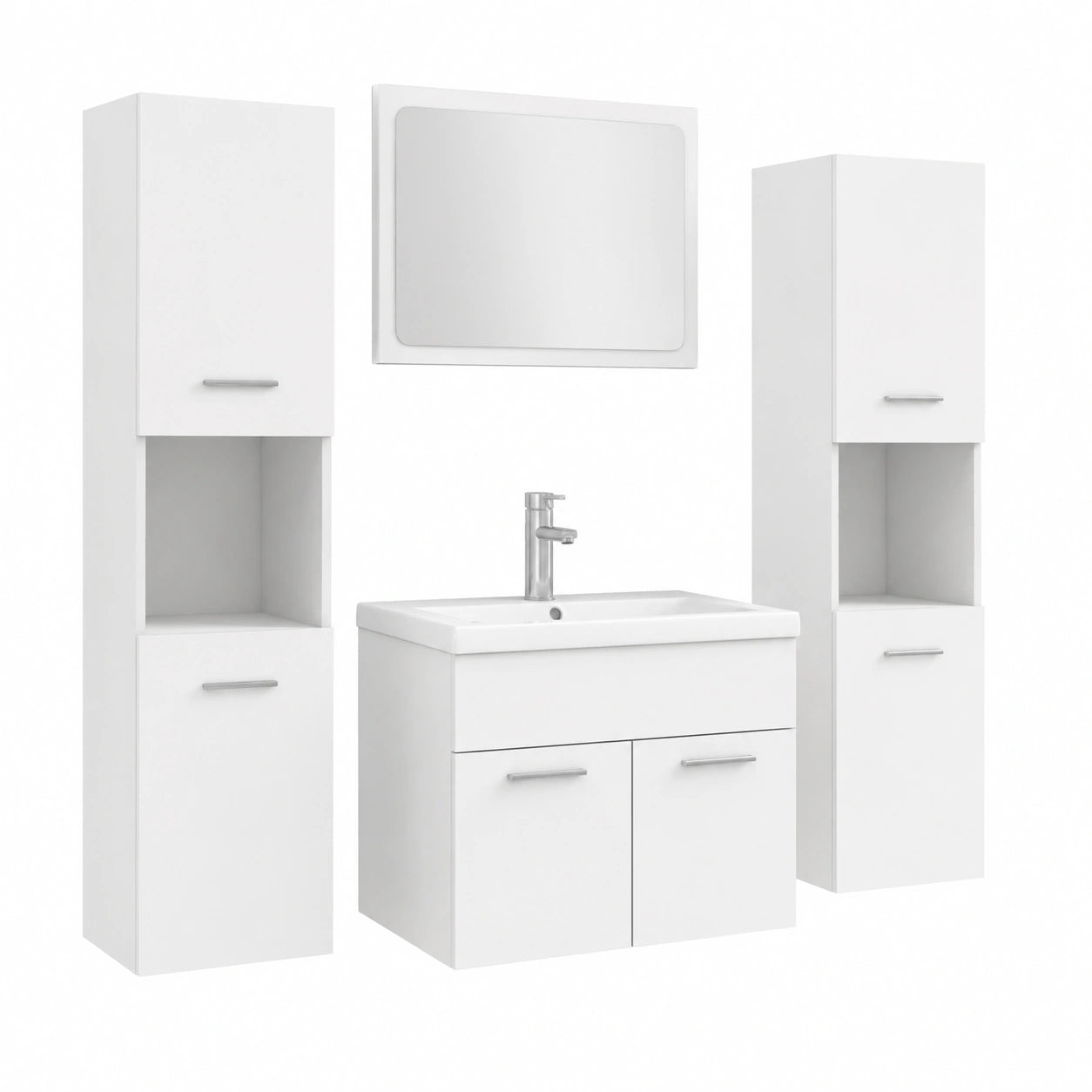 Mobile bagno moderno bianco con lavabo in ceramica e specchio, 60x38x46 cm, ampio spazio di stoccaggio, inclusi 2 armadi alti