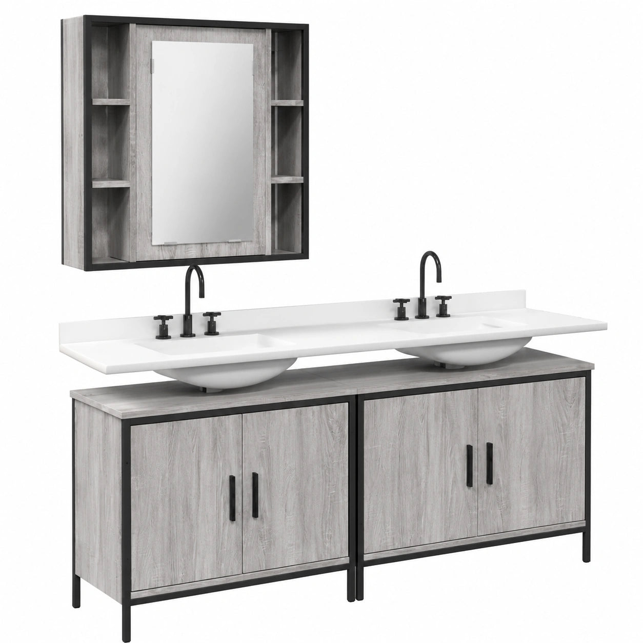 Set bagno 3 pezzi: armadio con specchio e mensola grigia in acciaio verniciato e legno