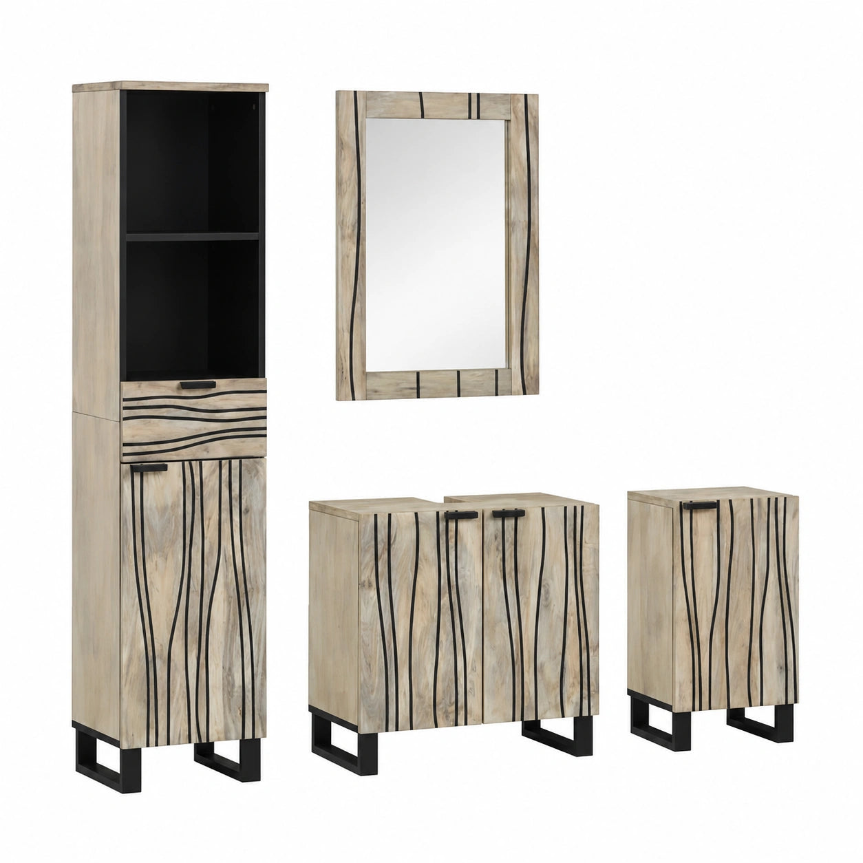 Set di mobili bagno in legno di mango, design moderno, marrone noce, con specchio e scaffale, ideale per spazi piccoli e grandi