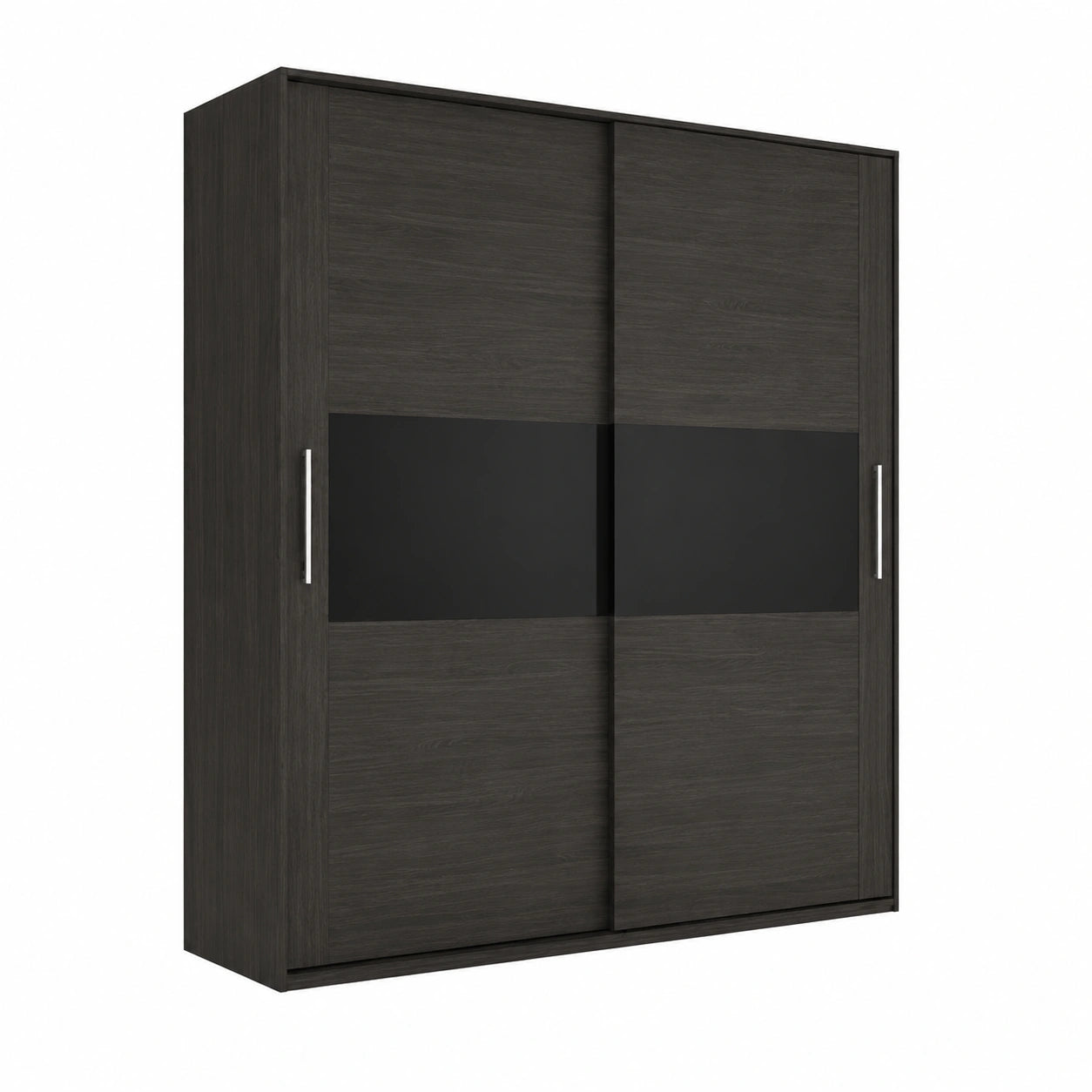 Guardaroba scorrevole moderno con ripiani e barre appendiabiti, finitura cenere-nero, dimensioni 207,6 x 180 x 55 cm