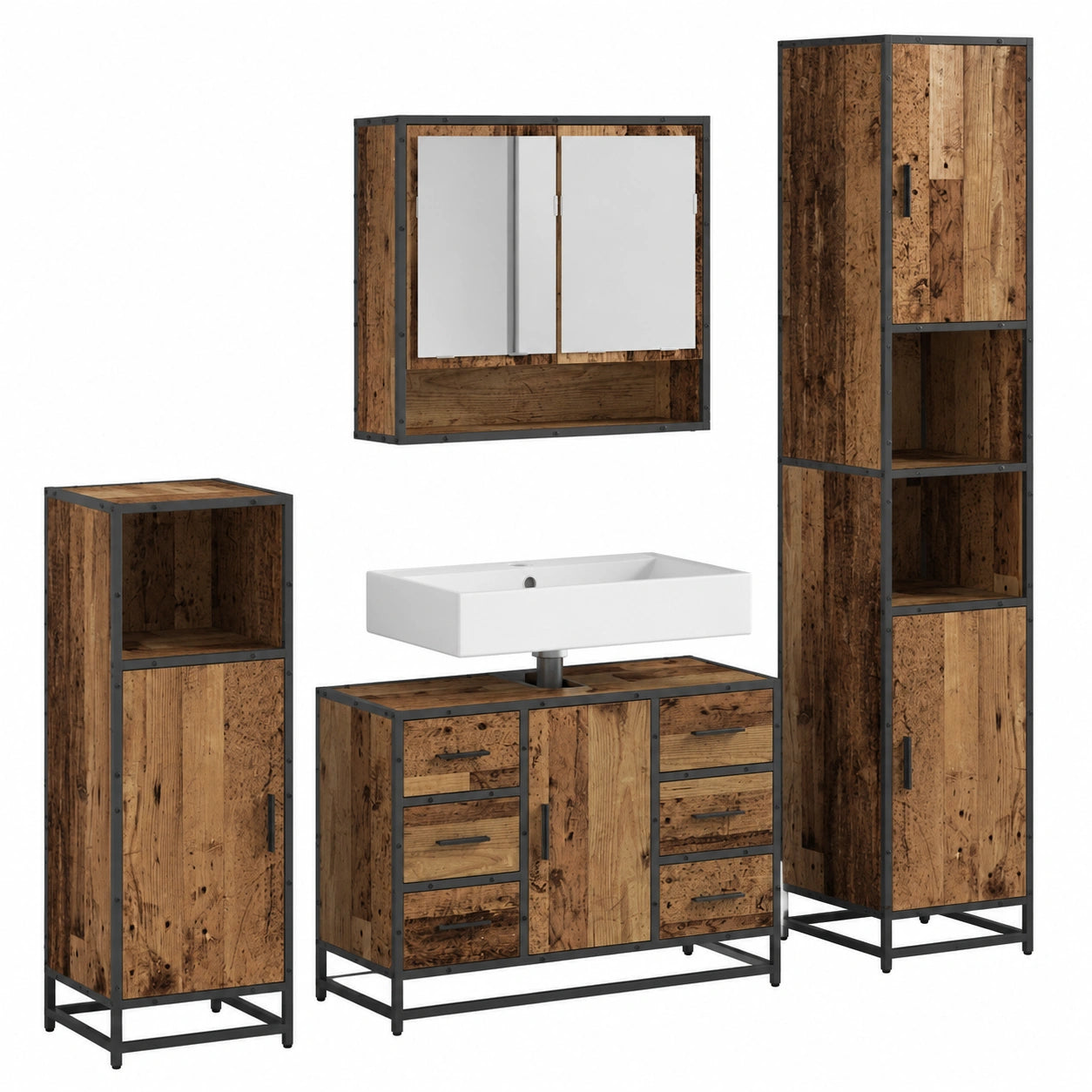Set bagno moderno 3 pezzi: armadio specchio, mobile lavabo e grande armadio in legno