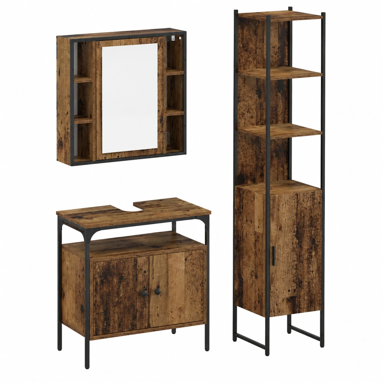 Set bagno 3 pezzi in legno antico con specchio e mobile alto