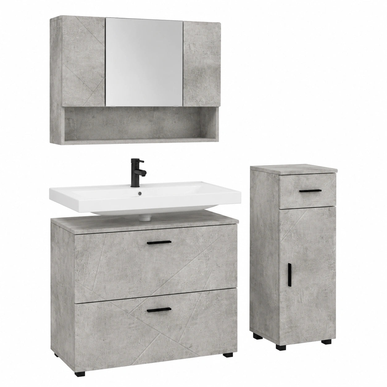 Set bagno moderno 3 pezzi, grigio cemento, con mobile sottolavabo e specchiera