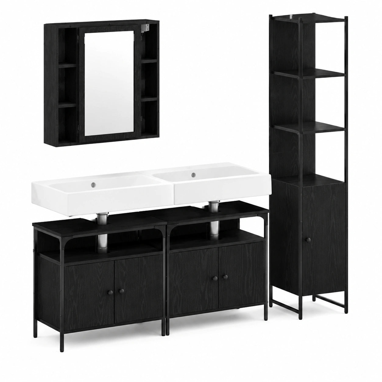 Set bagno moderno 4 pezzi rovere nero con specchio e armadi