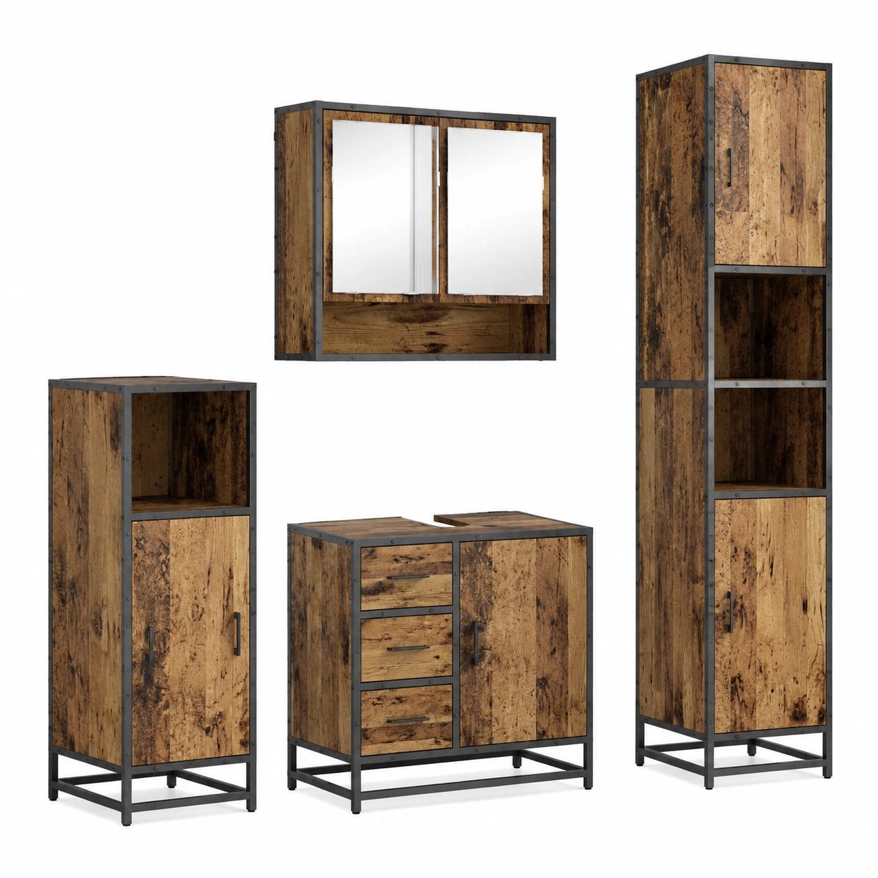 Set arredo bagno anticato in legno, 188,5 cm, con specchio e 5 ante, moderno e adatto a qualsiasi spazio