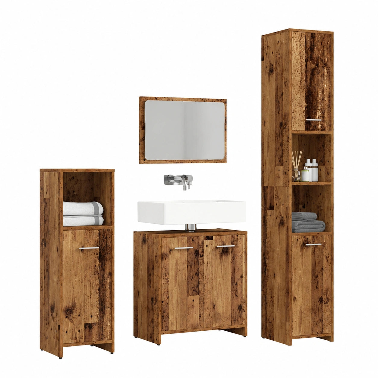 Set Mobili Bagno in Legno Recuperato, Spazio Salvaspazio con Specchio