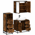 Set mobile bagno 3 pezzi in rovere fumé con specchio, lavabo e armadietto, struttura in metallo robusto, legno ingegnerizzato resistente all'umidità, ampio spazio di archiviazione