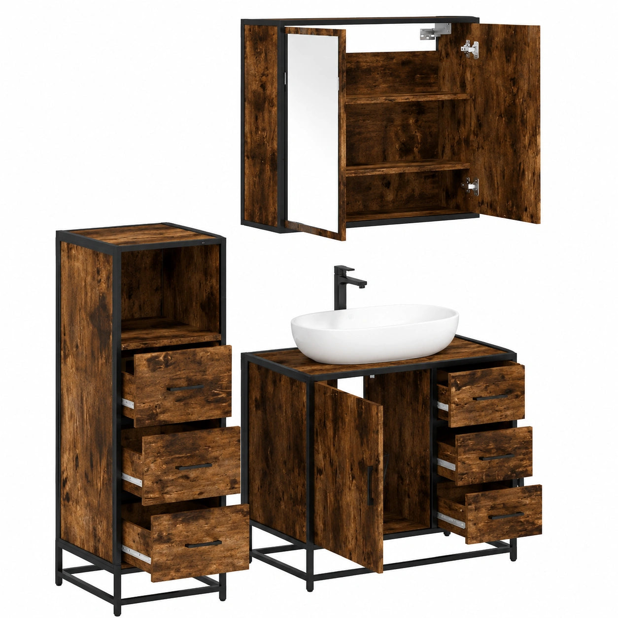 Set mobile bagno 3 pezzi in rovere fumé con specchio, lavabo e armadietto, struttura in metallo robusto, legno ingegnerizzato resistente all'umidità, ampio spazio di archiviazione