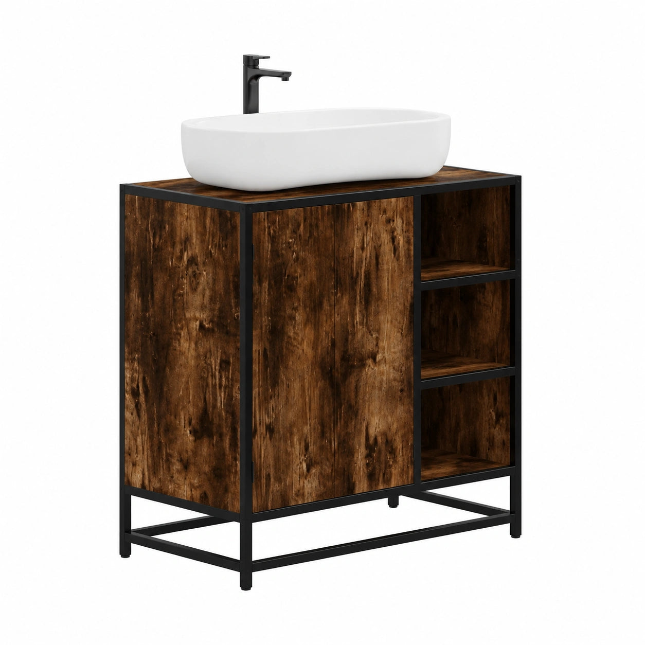 Set da bagno moderno 3 pezzi, rovere affumicato, struttura in metallo, con specchio e mobiletto sottolavabo, ideale per tutte le dimensioni