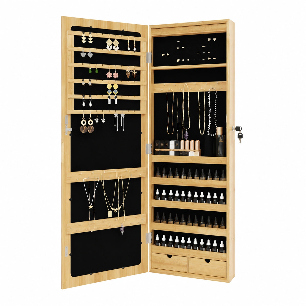 Armadio Specchiera Portagioie con LED, Legno, 37,5x10x106 cm, Montaggio a Parete, Serratura con Chiavi