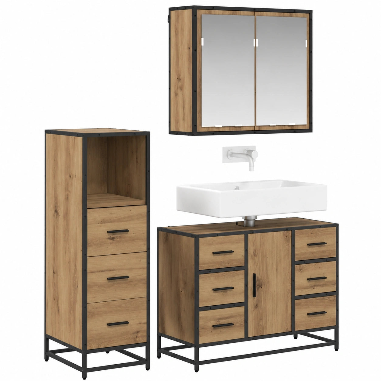 Set Arredo Bagno Moderno in Rovere con Specchio e Armadietti