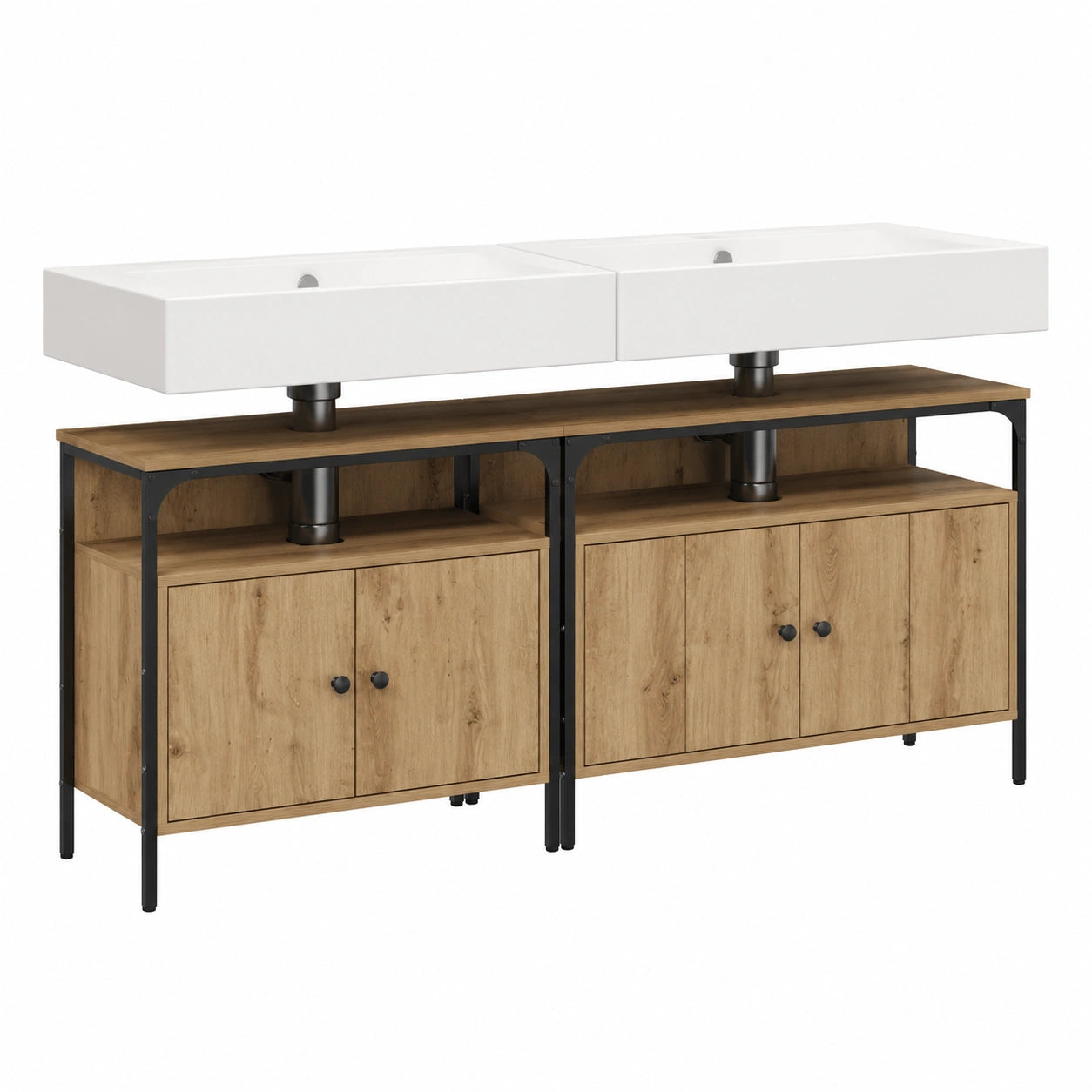 Set bagno moderno 3 pezzi in legno marrone con specchio e scaffali, mobiletto con 5 ante, 80x30x60 cm