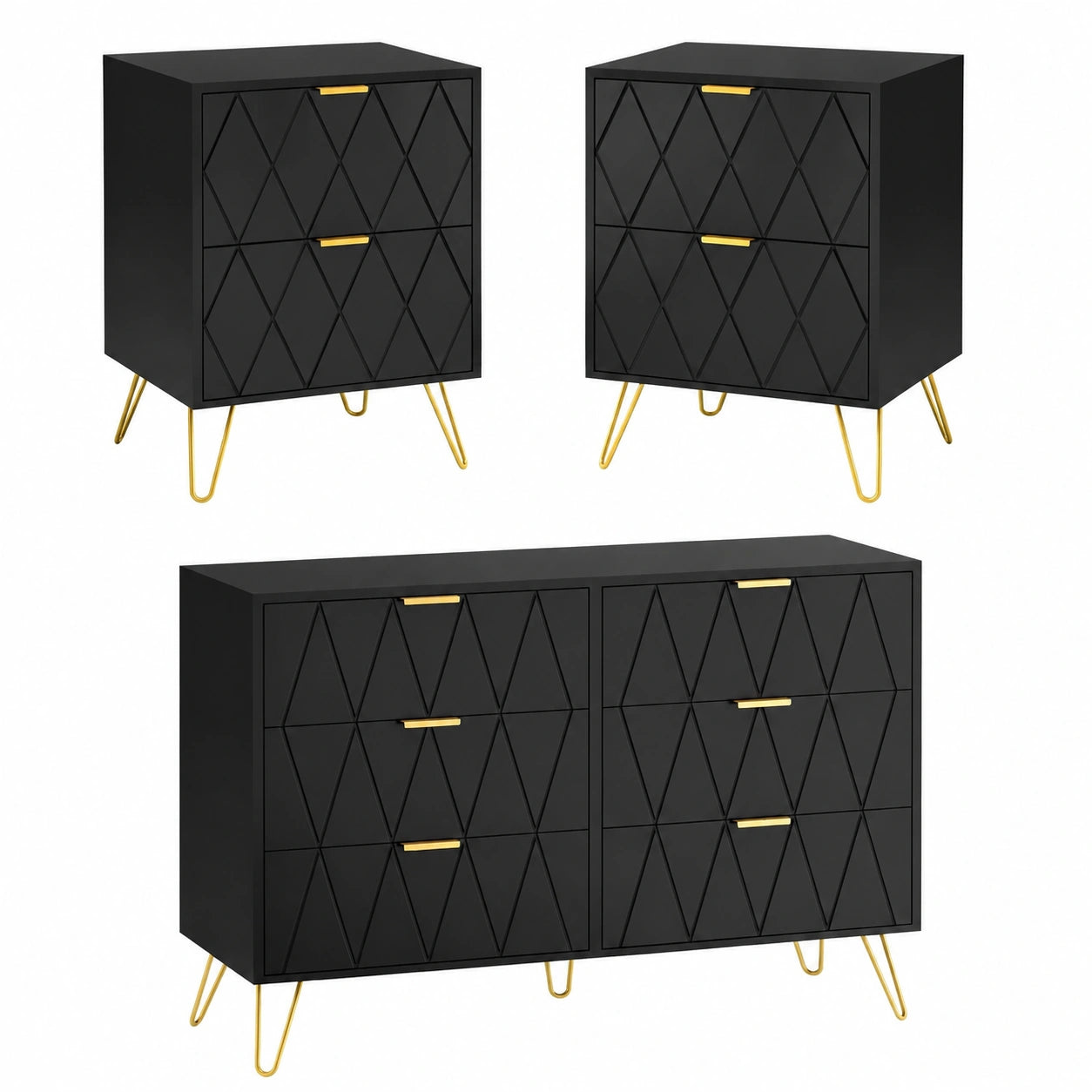 Set Arredamento Camera da Letto 3 Pezzi: Cassettiera 6 Cassetti e 2 Comodini Scandinavi, Dettagli Oro, Nero