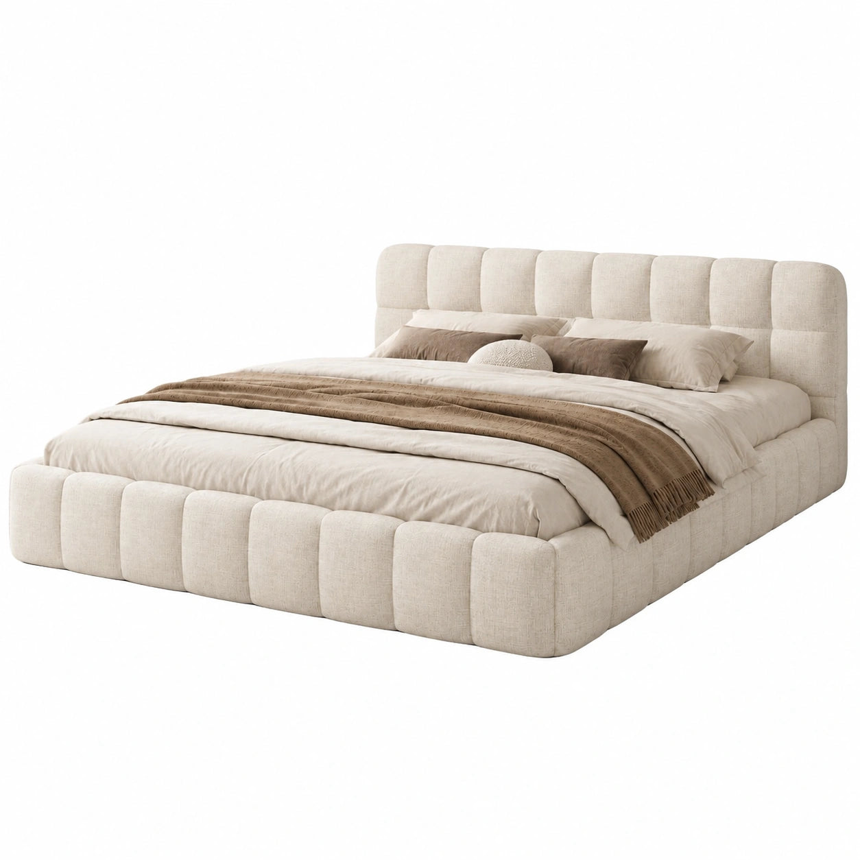 Letto Tatami Imbottito in Lino 140x190 con Testiera e Rete a Doghe, Beige